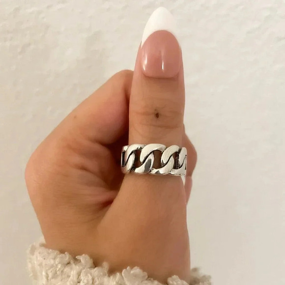 925 Sterling Silver Chunky Chain Link Ring Minimalist Curb Chain Ring - Picture 9 of 11